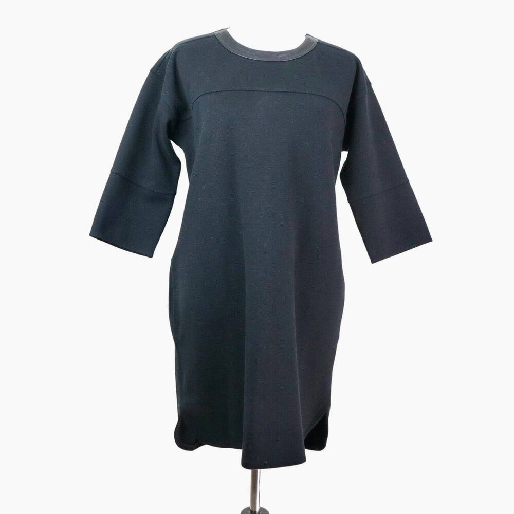 Madewell Size S Leather Trim Pique Ponte Knit Dress Boxy Fit Black